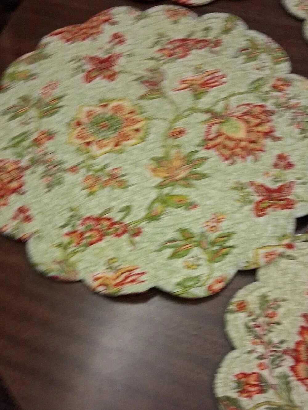 Quilted Floral Scalloped Placemats - Sage Green with Coral Accents (Set of 8)
